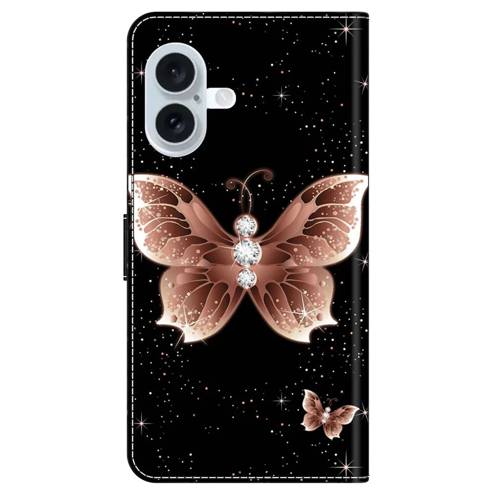 For iPhone 16 Plus Case 3D Pattern PU Leather Wallet Phone Cover with Stand - Pink Diamond Butterfly - 7