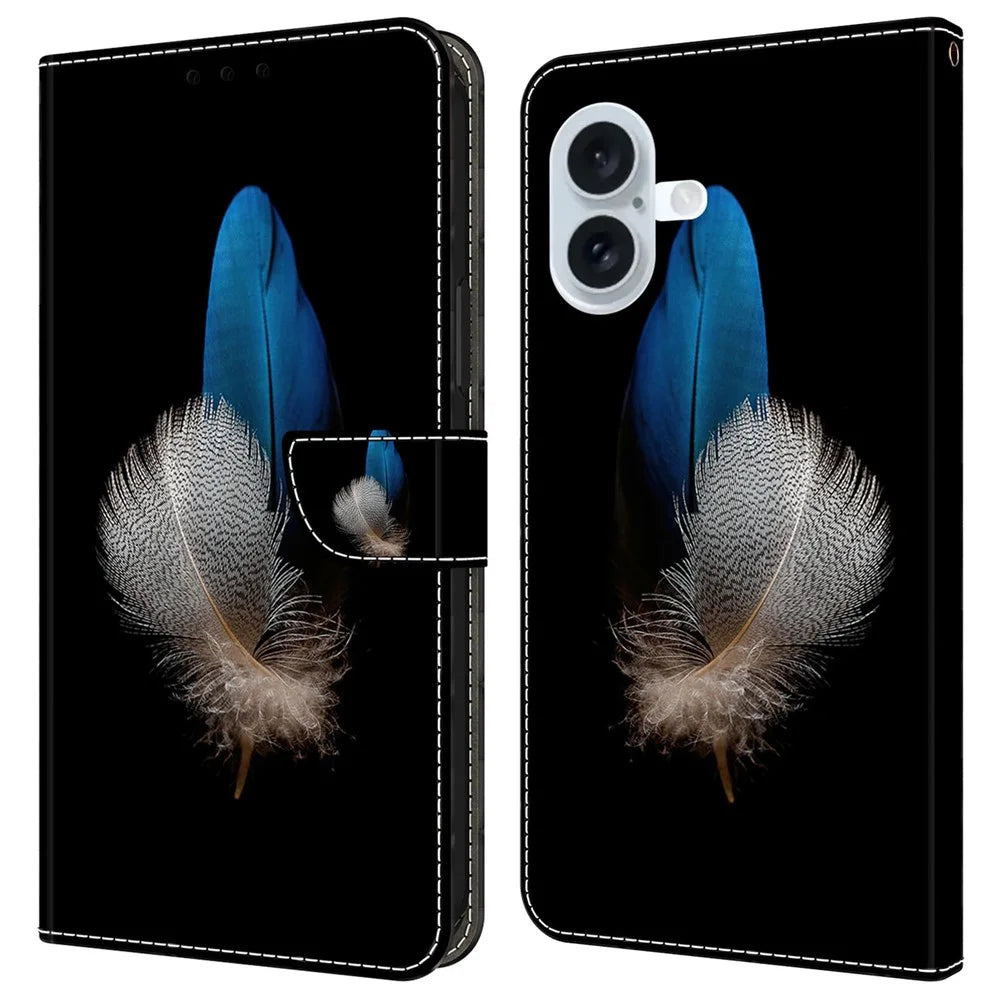 For iPhone 16 Case 3D Pattern PU Leather Wallet Phone Cover with Stand - Two Feathers - 1