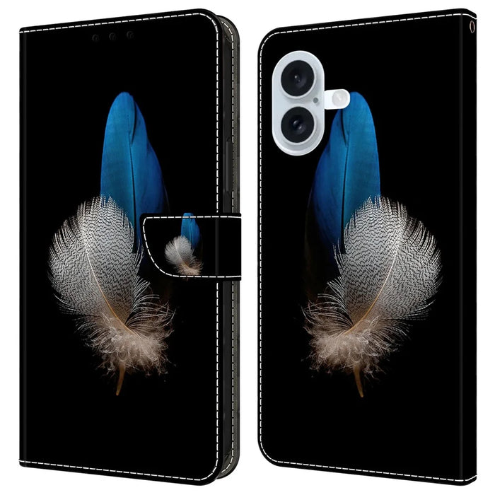 For iPhone 16 Case 3D Pattern PU Leather Wallet Phone Cover with Stand - Two Feathers - 1