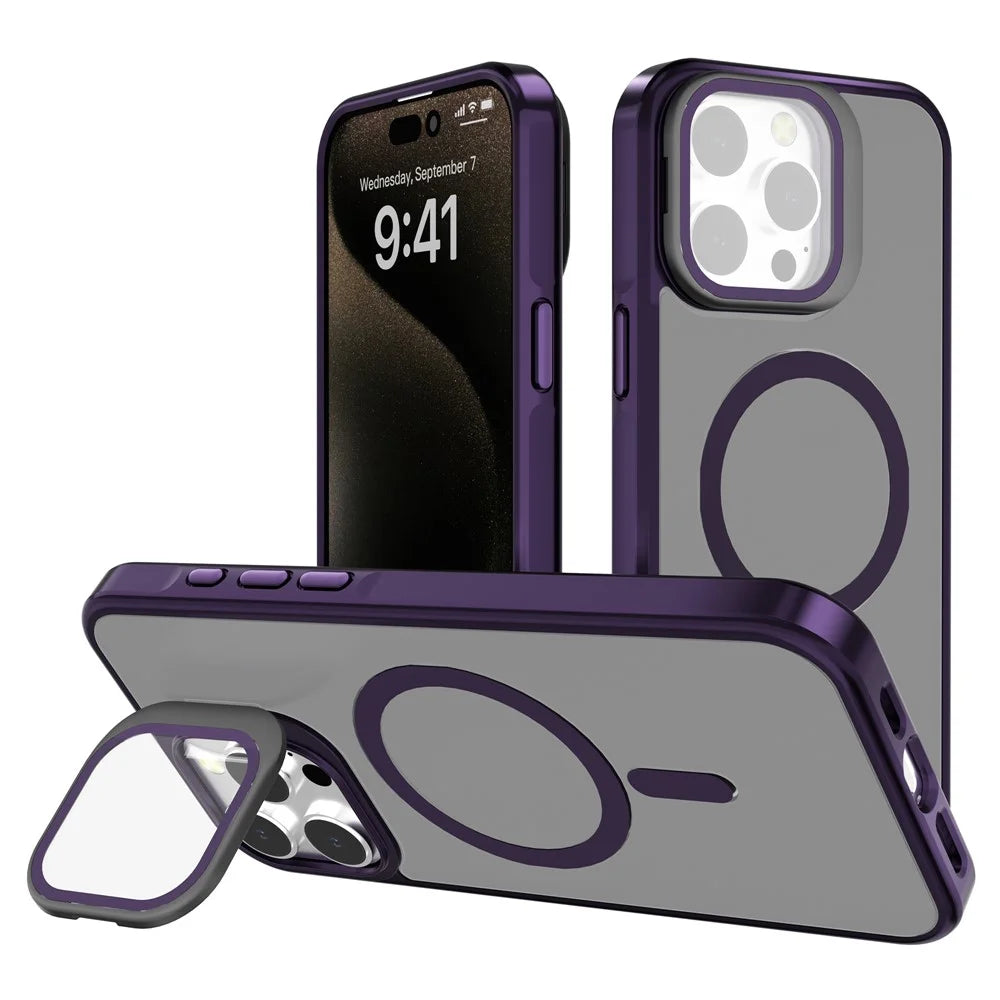 J3 For iPhone 16 Pro Max Case Compatible with MagSafe Lens Kickstand PC+TPU Matte Phone Cover - Dark Purple - 1