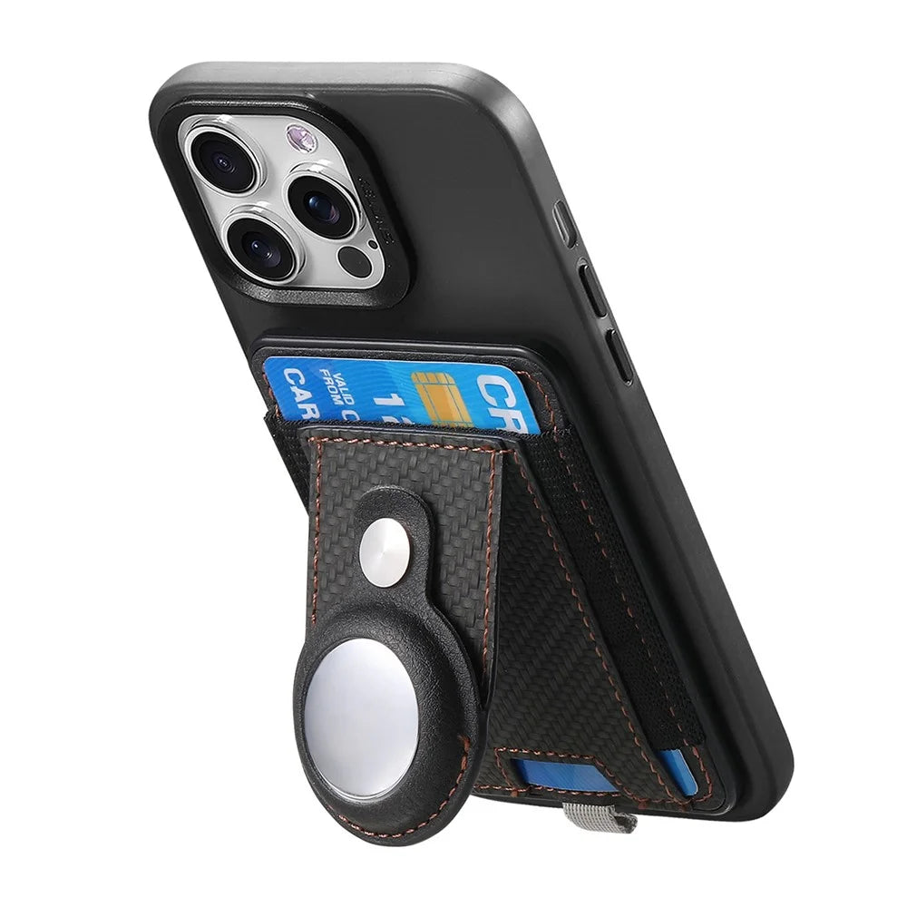 MC-W17 Magnetic Card Holder for AirTag Carbon Fiber Texture Leather Anti Loss Card Slot - Black - 4
