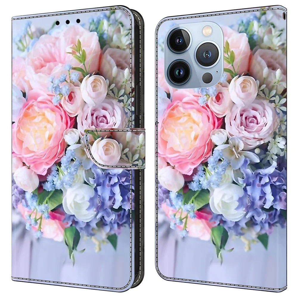 For iPhone 16 Pro Wallet Case Magnetic Clasp 3D Pattern Leather Phone Cover - Colorful Flower - 1
