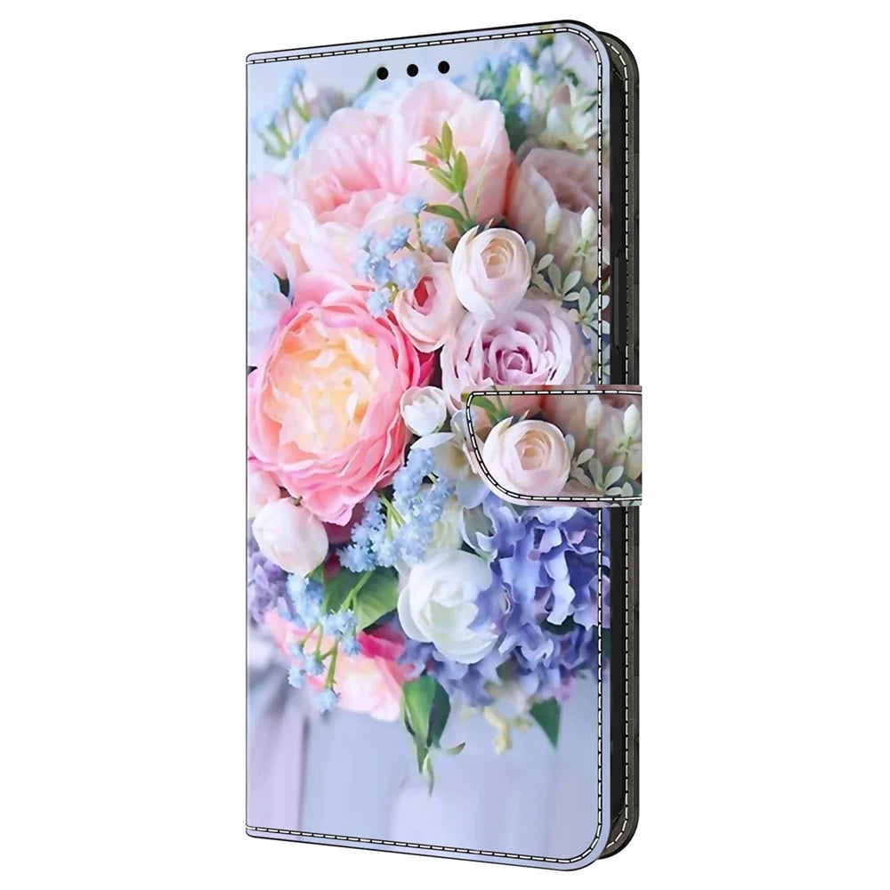 For iPhone 16 Pro Wallet Case Magnetic Clasp 3D Pattern Leather Phone Cover - Colorful Flower - 6