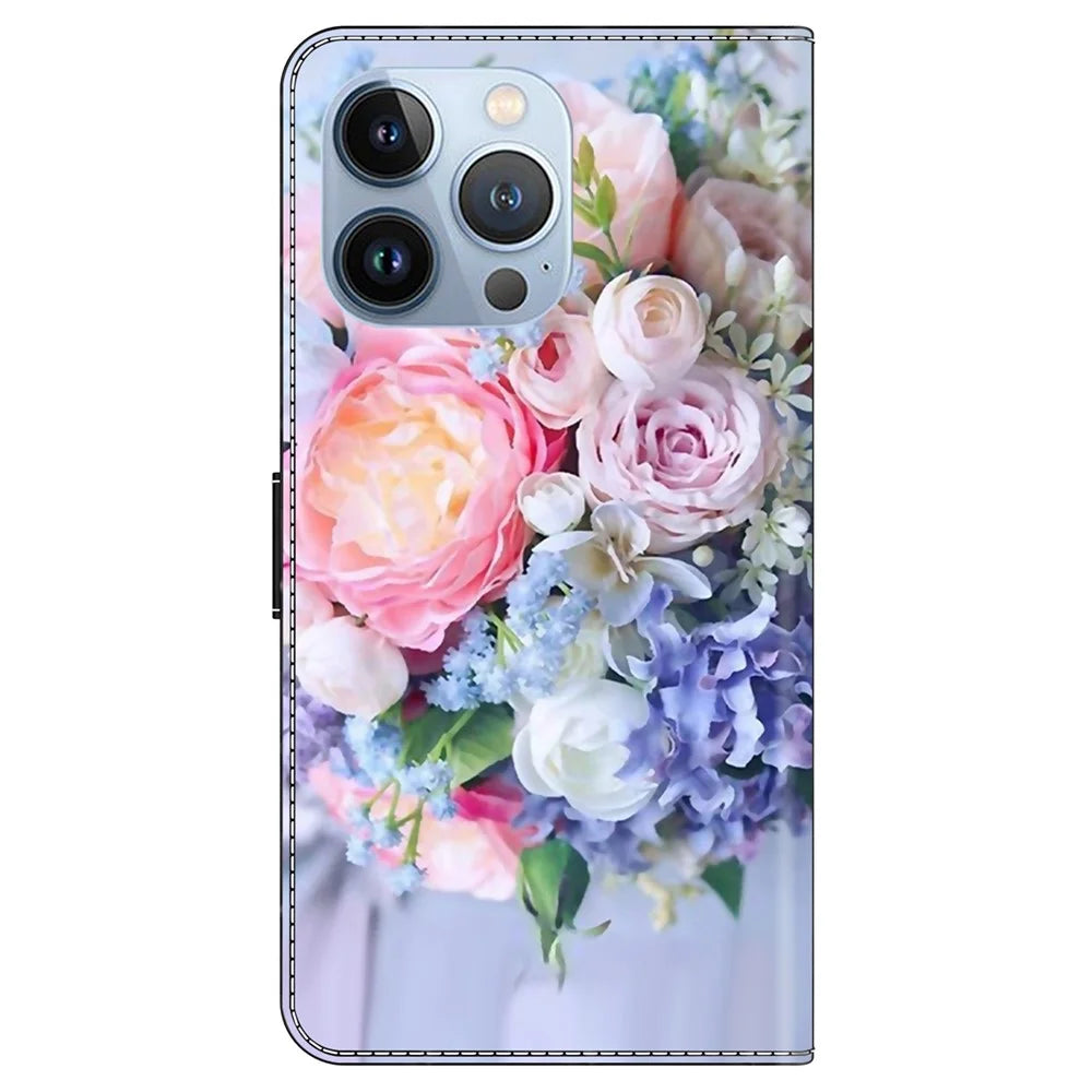 For iPhone 16 Pro Wallet Case Magnetic Clasp 3D Pattern Leather Phone Cover - Colorful Flower - 7