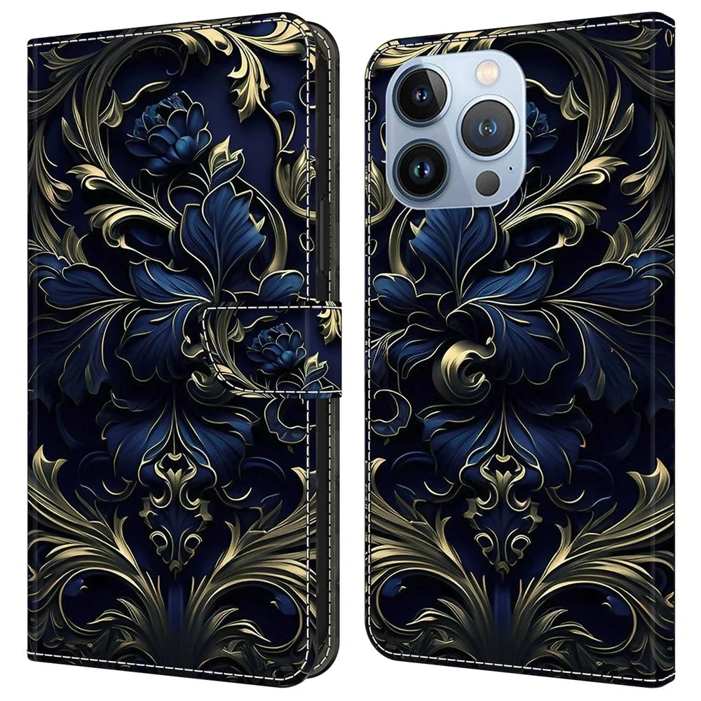 For iPhone 16 Pro Max Case PU Leather Wallet Flip Cover with Standing Function - Blue Flower - 1