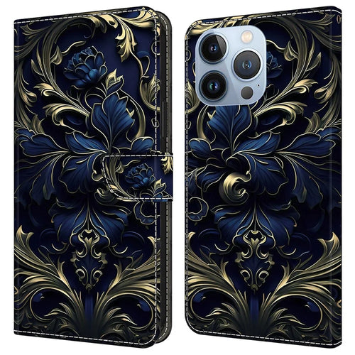 For iPhone 16 Pro Max Case PU Leather Wallet Flip Cover with Standing Function - Blue Flower - 1