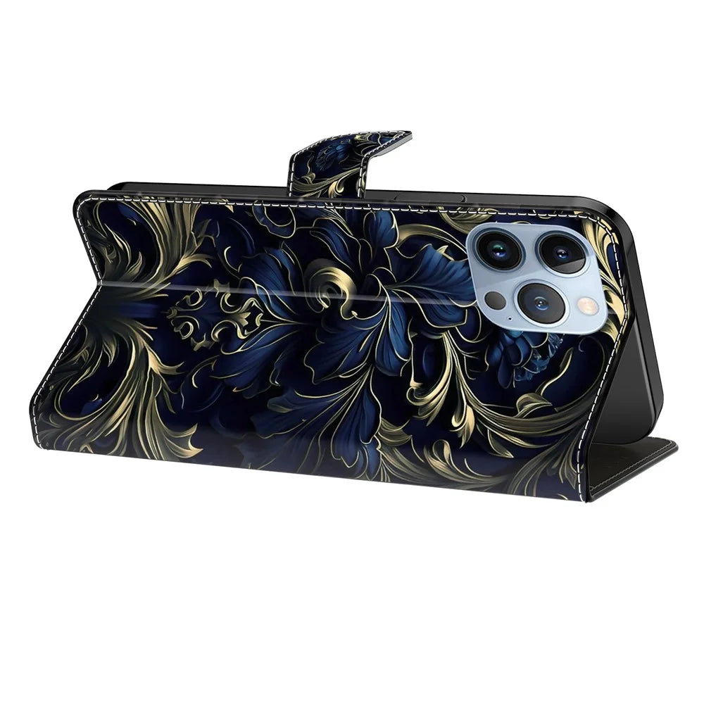 For iPhone 16 Pro Max Case PU Leather Wallet Flip Cover with Standing Function - Blue Flower - 2