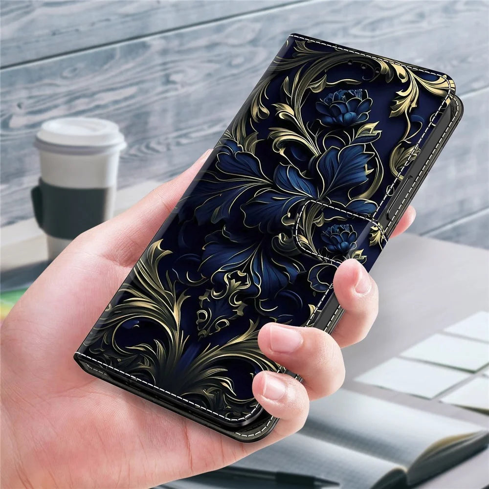 For iPhone 16 Pro Max Case PU Leather Wallet Flip Cover with Standing Function - Blue Flower - 5