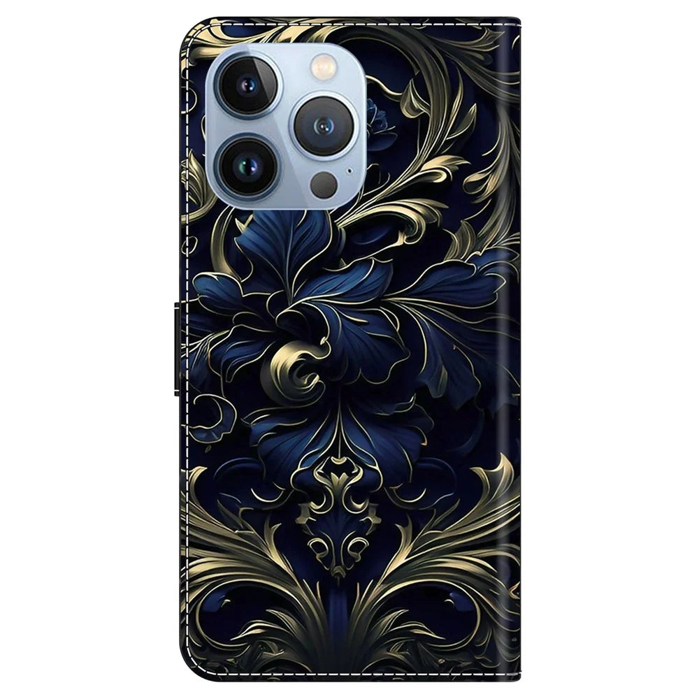For iPhone 16 Pro Max Case PU Leather Wallet Flip Cover with Standing Function - Blue Flower - 7