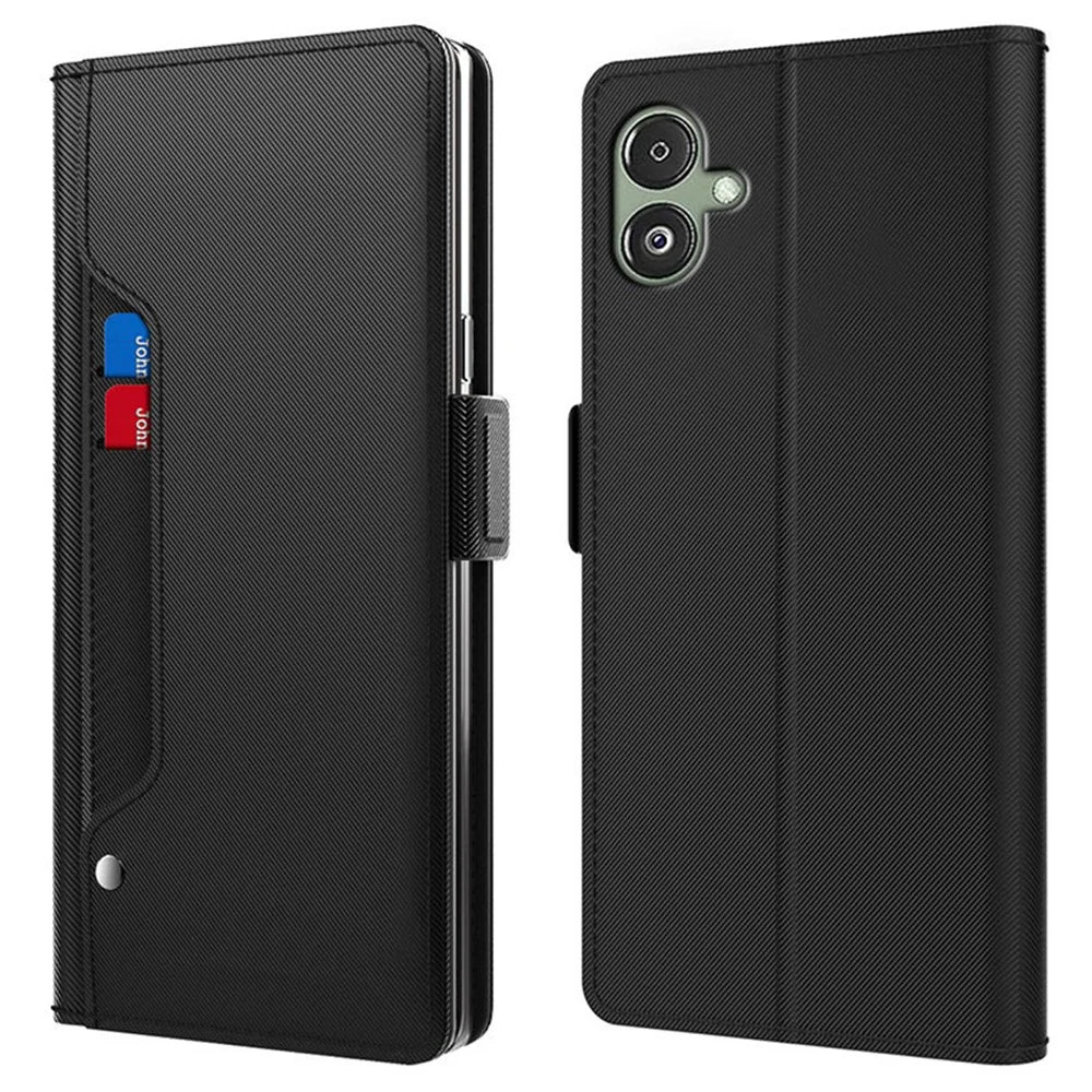 For Samsung Galaxy A06 4G Case Stand PU Leather Phone Cover Card Holder Mirror - Black - 1