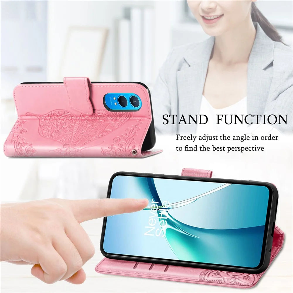 For OnePlus Nord CE4 Lite 5G / Oppo K12x 5G (China) Case PU Leather Wallet Phone Cover Butterfly Pattern - Pink - 5