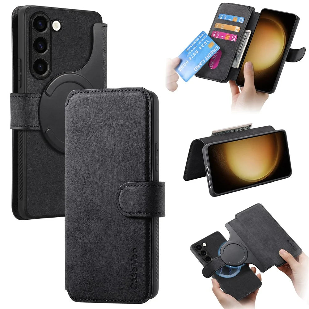 For Samsung Galaxy S23+ Magnetic Case CASENEO Detachable Leather Phone Wallet Cover - Black - 1