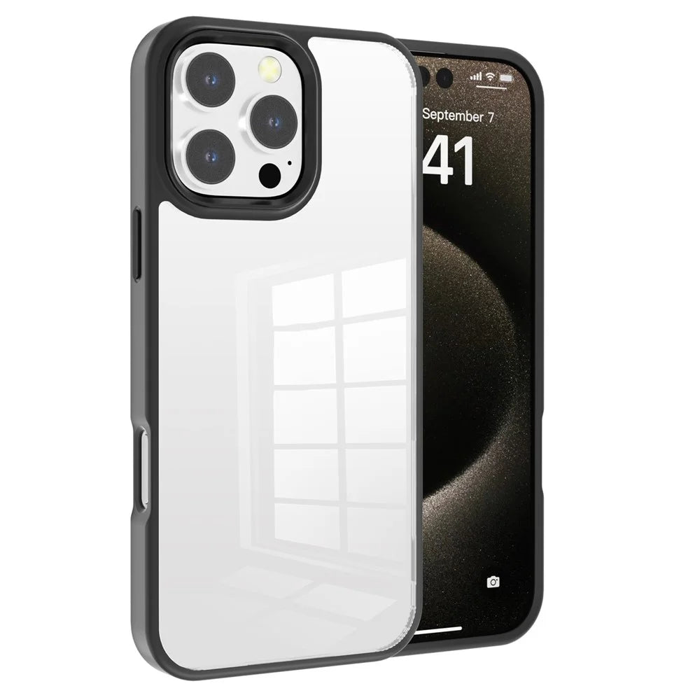 For iPhone 16 Pro Max Clear Phone Case TPU+ PC Phone Back Cover with Metal Button - Black - 1