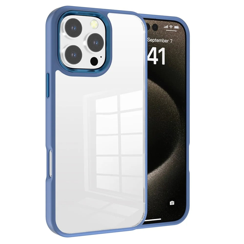 For iPhone 16 Pro Clear Phone Case TPU+ PC Phone Back Cover with Metal Button - Blue - 1