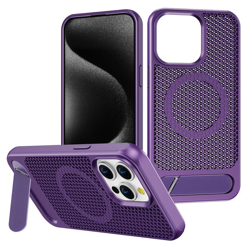 For iPhone 15 Pro Max Case Hollow Heat Dissipation Back Cover Kickstand Compatible with MagSafe - Dark Purple - 1