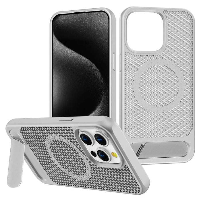 For iPhone 14 Pro Case Hollow Heat Dissipation Back Cover Kickstand Compatible with MagSafe - Silver - 1