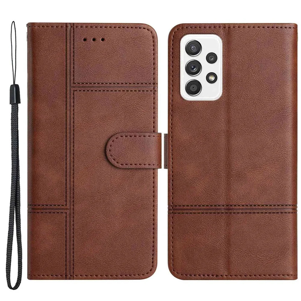 For Samsung Galaxy A23 5G (Global Version) / 4G Business PU Leather Flip Wallet Case Lines Imprinted Stand Magnetic Closure Cover with Strap - Coffee - 1