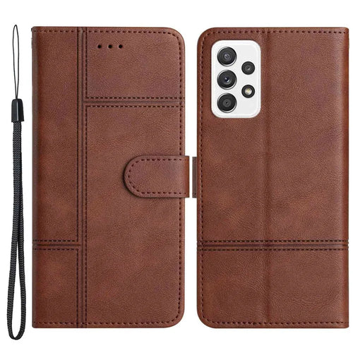 For Samsung Galaxy A23 5G (Global Version) / 4G Business PU Leather Flip Wallet Case Lines Imprinted Stand Magnetic Closure Cover with Strap - Coffee - 1