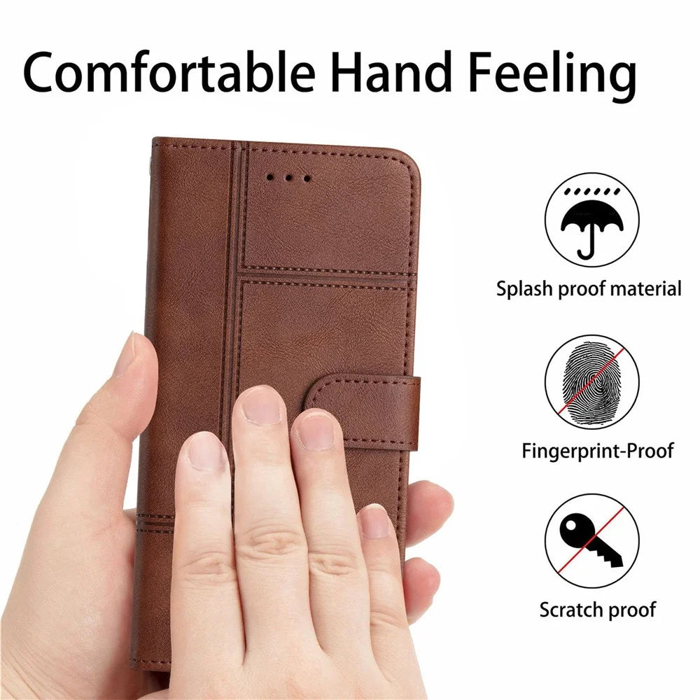 For Samsung Galaxy A23 5G (Global Version) / 4G Business PU Leather Flip Wallet Case Lines Imprinted Stand Magnetic Closure Cover with Strap - Coffee - 5