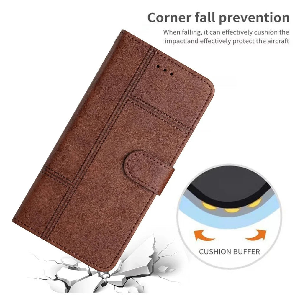 For Samsung Galaxy A23 5G (Global Version) / 4G Business PU Leather Flip Wallet Case Lines Imprinted Stand Magnetic Closure Cover with Strap - Coffee - 6