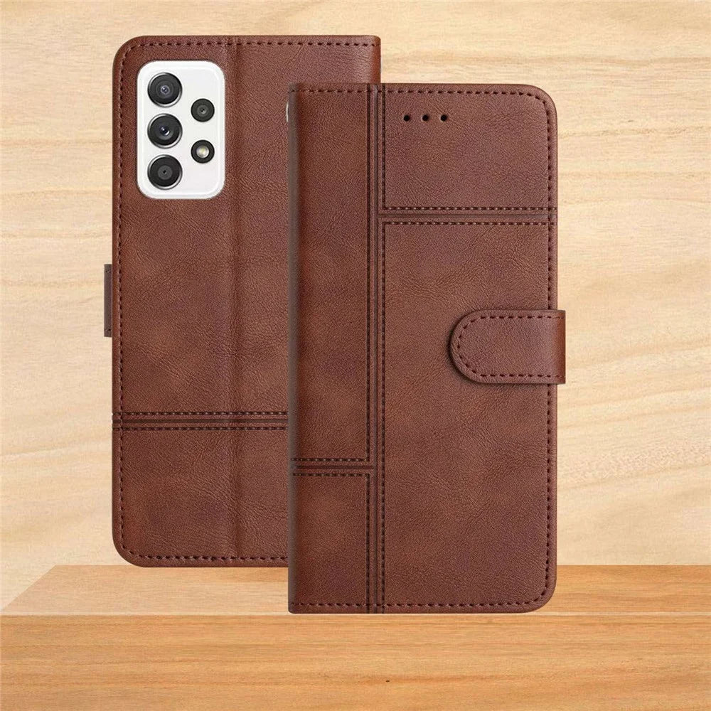For Samsung Galaxy A23 5G (Global Version) / 4G Business PU Leather Flip Wallet Case Lines Imprinted Stand Magnetic Closure Cover with Strap - Coffee - 7