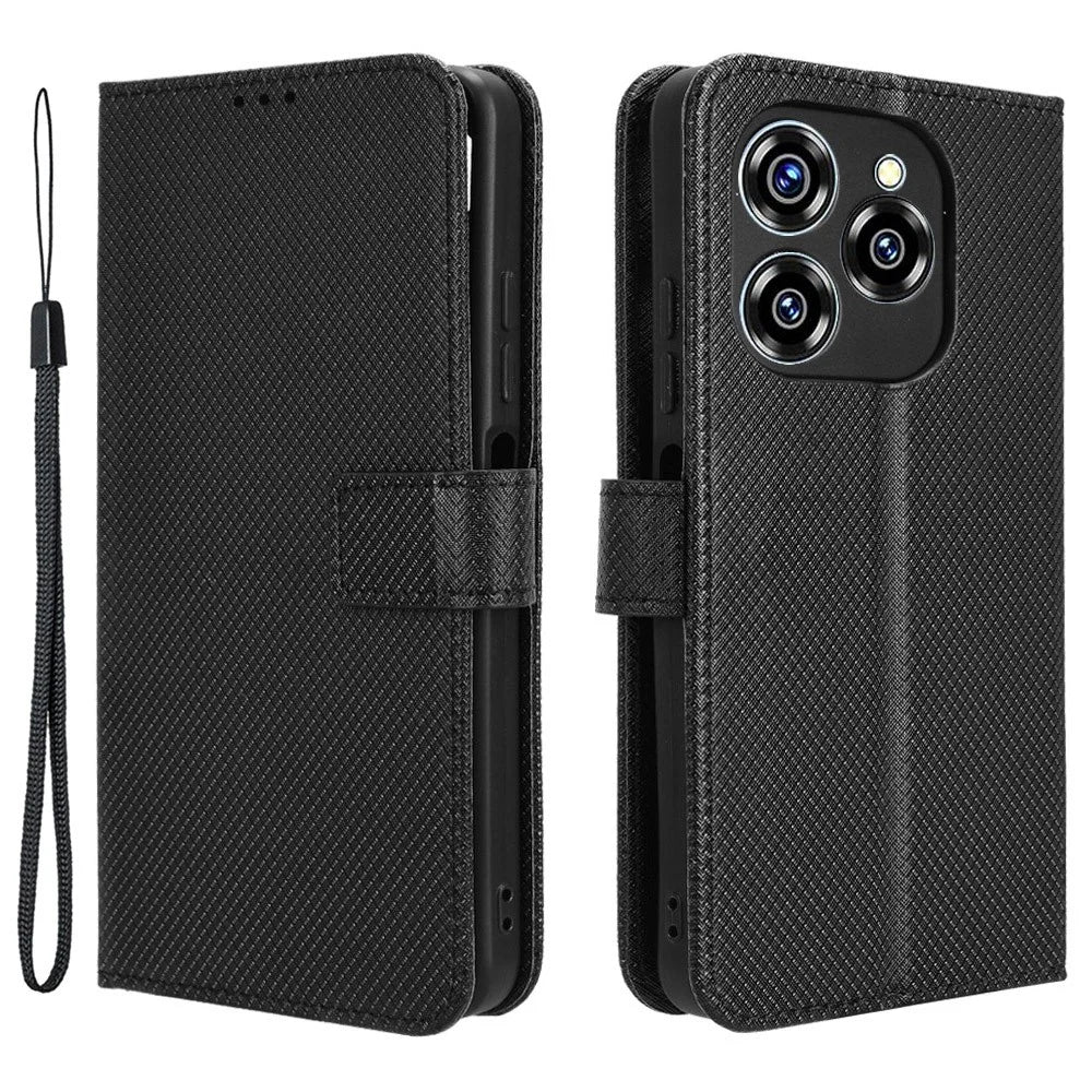 For Oukitel C50 Case PU Leather Diamond Texture Wallet Phone Cover - Black - 1