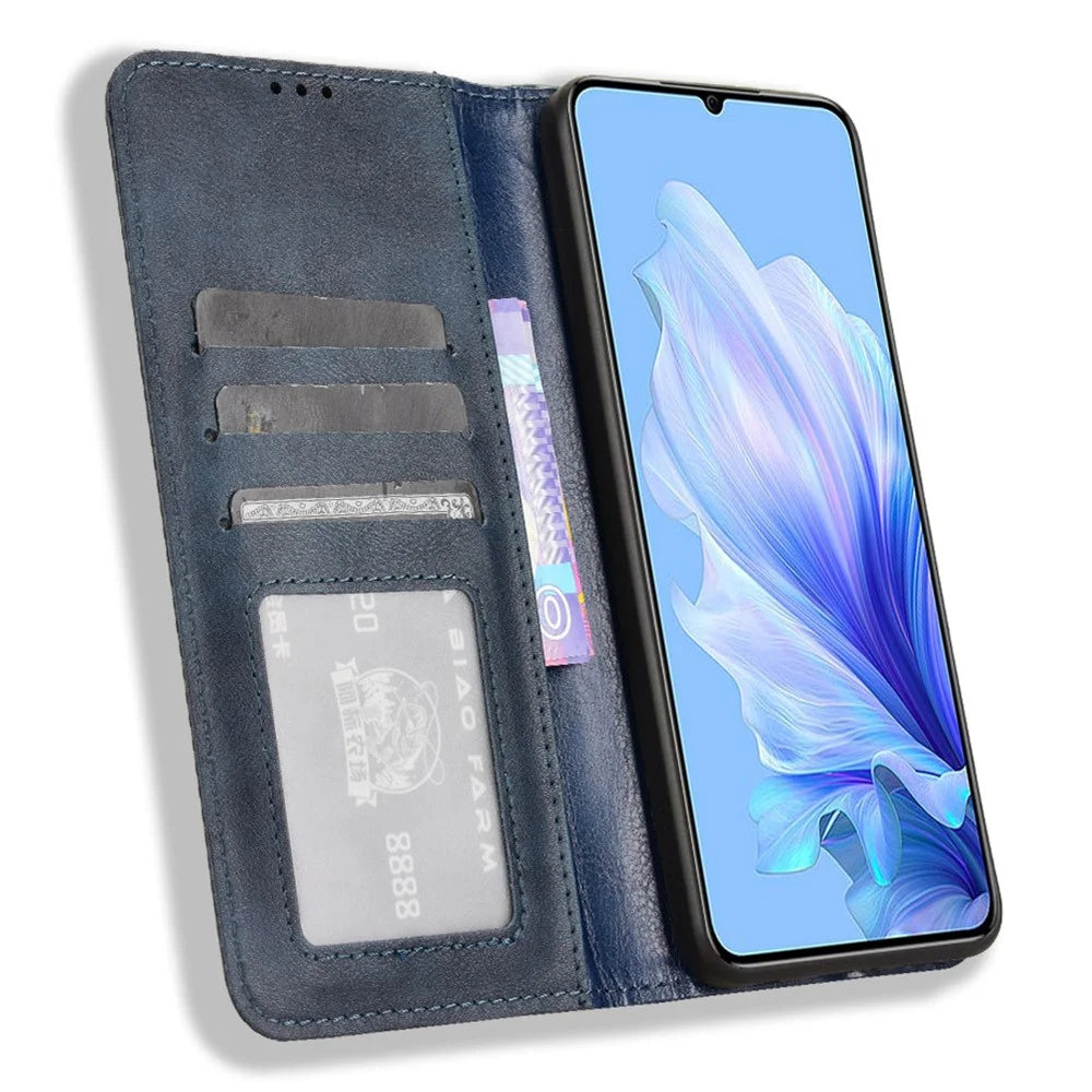 For Oukitel C50 Leather Case Wallet Stand Retro Texture Phone Cover - Blue - 2