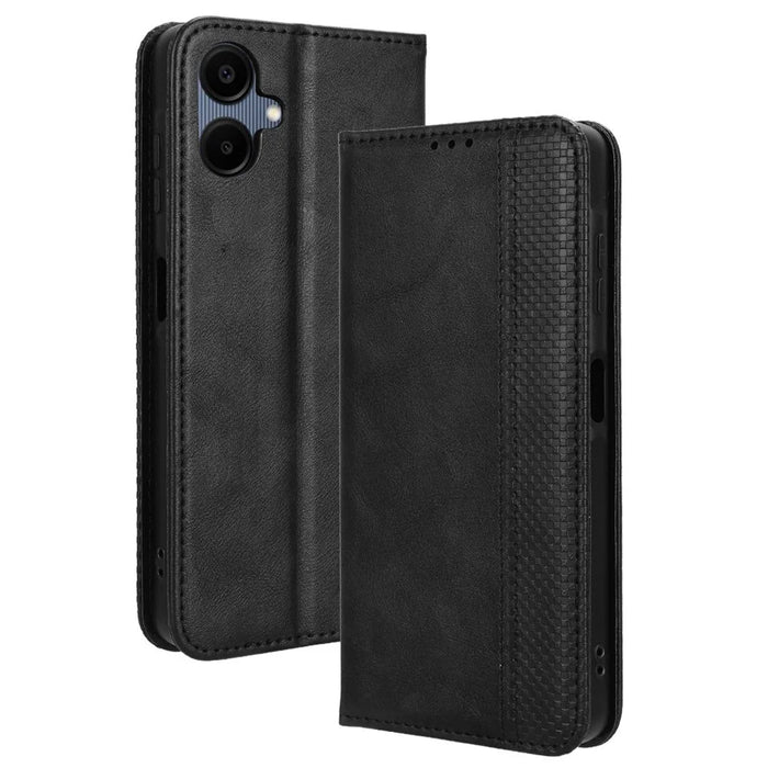 For Samsung Galaxy A06 4G / A06 5G Leather Case Wallet Stand Retro Texture Phone Cover - Black - 1