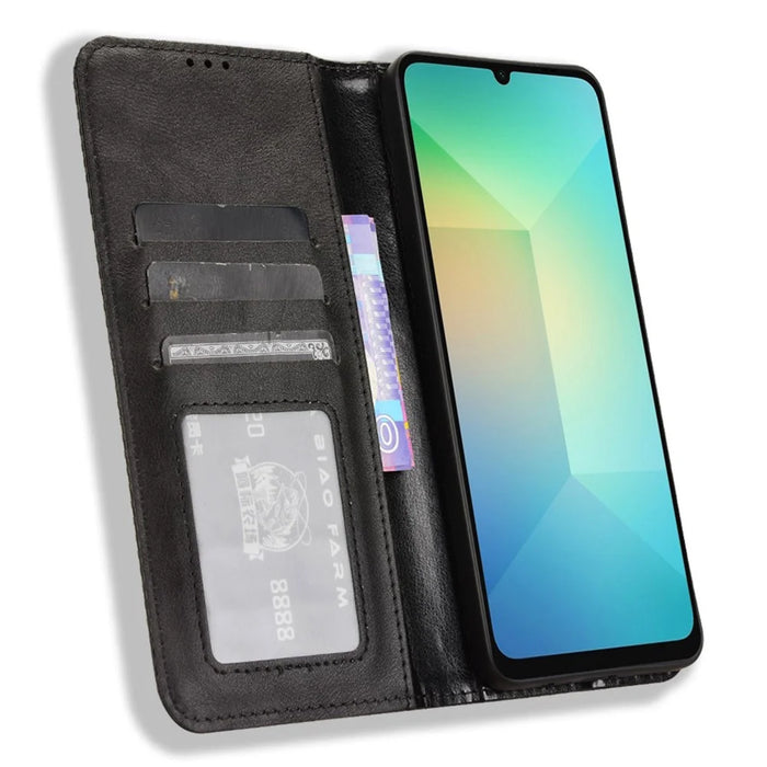 For Samsung Galaxy A06 4G / A06 5G Leather Case Wallet Stand Retro Texture Phone Cover - Black - 2