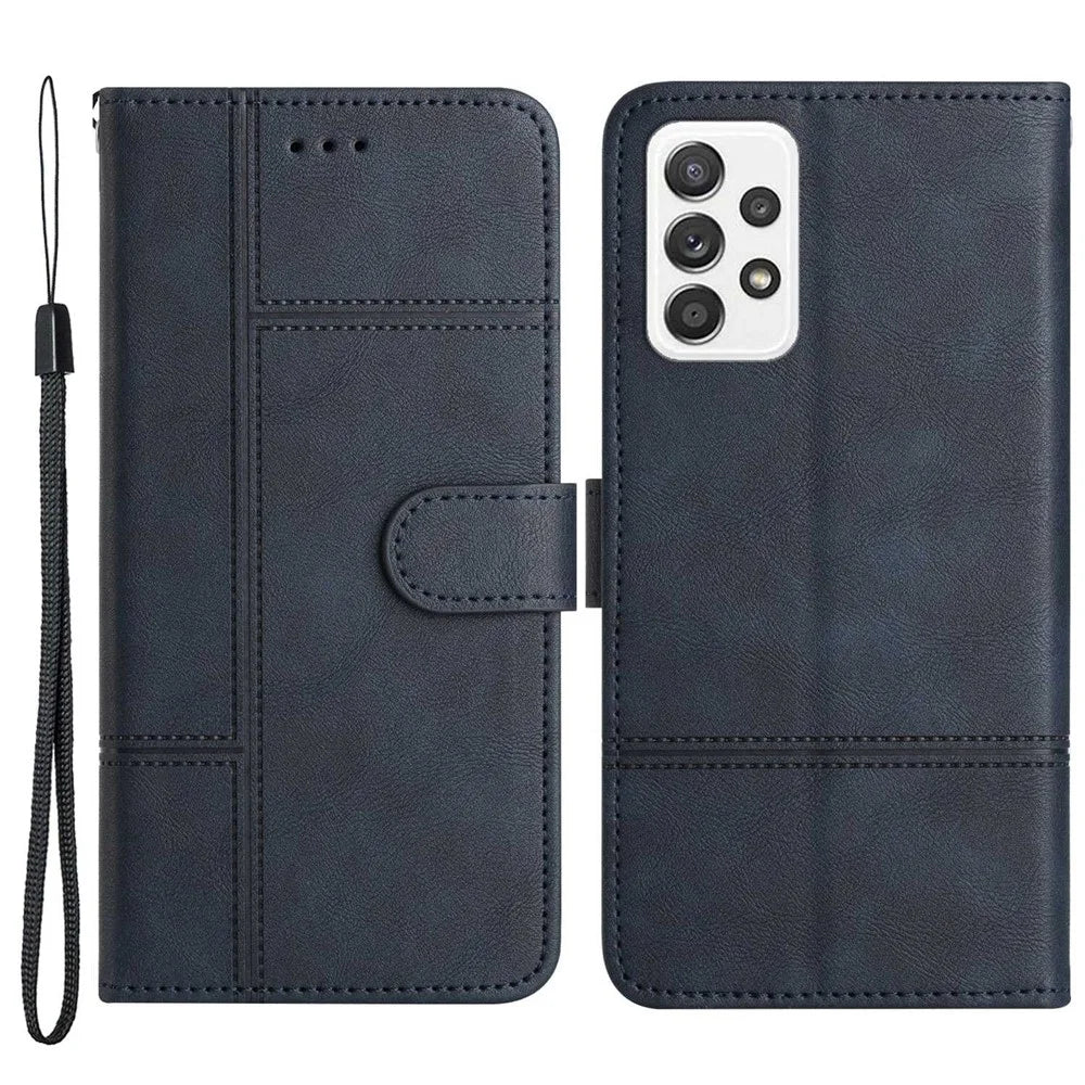 For Samsung Galaxy A53 5G PU Leather Business Wallet Phone Case Lines Imprinted Sand Flip Magnetic Protective Cover with Strap - Blue - 1