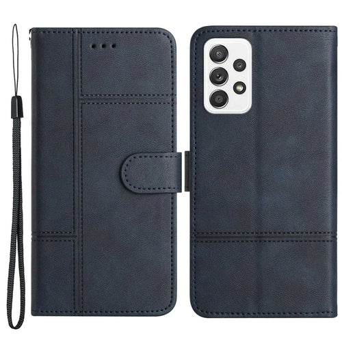 For Samsung Galaxy A53 5G PU Leather Business Wallet Phone Case Lines Imprinted Sand Flip Magnetic Protective Cover with Strap - Blue - 1