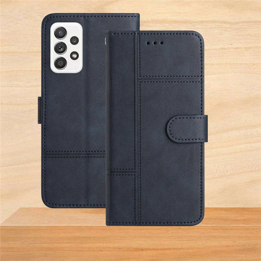 For Samsung Galaxy A53 5G PU Leather Business Wallet Phone Case Lines Imprinted Sand Flip Magnetic Protective Cover with Strap - Blue - 7