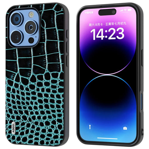 ABEEL For iPhone 16 Pro Max Case Genuine Cow Leather Back Phone Cover Crocodile Texture - Midnight Green - 1