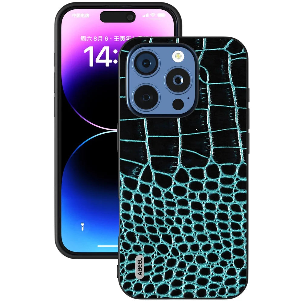 ABEEL For iPhone 16 Pro Max Case Genuine Cow Leather Back Phone Cover Crocodile Texture - Midnight Green - 2