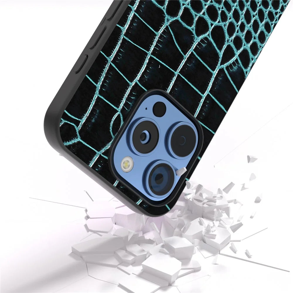 ABEEL For iPhone 16 Pro Max Case Genuine Cow Leather Back Phone Cover Crocodile Texture - Midnight Green - 3