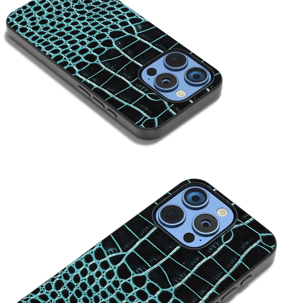ABEEL For iPhone 16 Pro Max Case Genuine Cow Leather Back Phone Cover Crocodile Texture - Midnight Green - 5