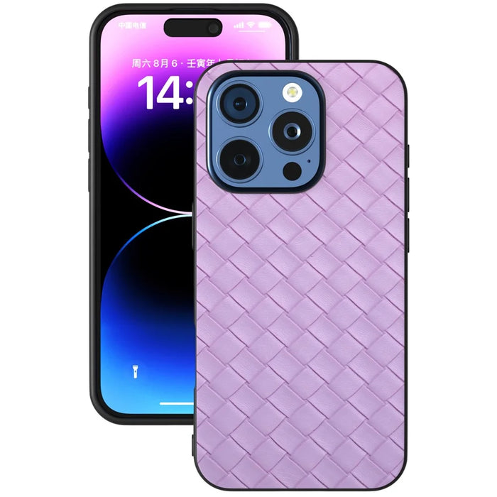 For iPhone 16 Pro Max Case Woven Texture PU Leather Coated PC+TPU Mobile Phone Cover - Purple - 1