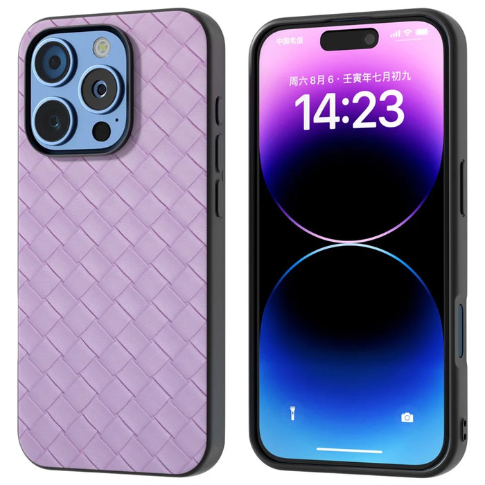 For iPhone 16 Pro Max Case Woven Texture PU Leather Coated PC+TPU Mobile Phone Cover - Purple - 2
