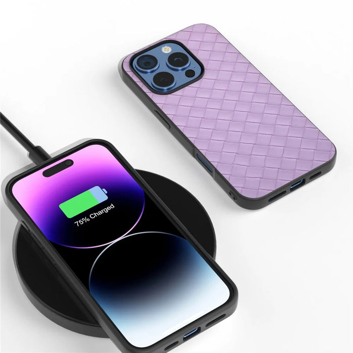 For iPhone 16 Pro Max Case Woven Texture PU Leather Coated PC+TPU Mobile Phone Cover - Purple - 4