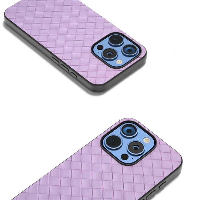 For iPhone 16 Pro Max Case Woven Texture PU Leather Coated PC+TPU Mobile Phone Cover - Purple - 5