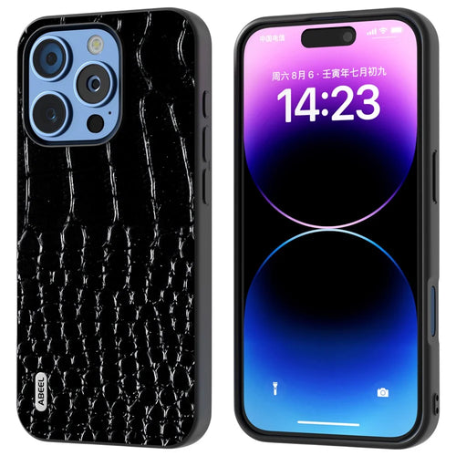 ABEEL For iPhone 16 Pro Case Genuine Cow Leather Back Phone Cover Crocodile Texture - Black - 1