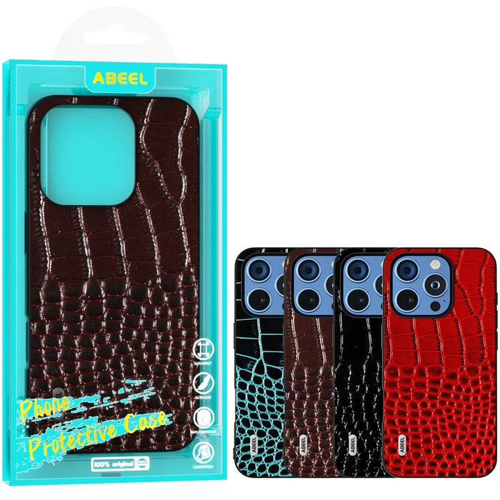 ABEEL For iPhone 16 Pro Case Genuine Cow Leather Back Phone Cover Crocodile Texture - Black - 6