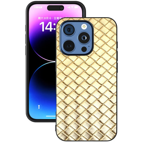 For iPhone 16 Pro Case Woven Texture PU Leather Coated PC+TPU Mobile Phone Cover - Gold - 1