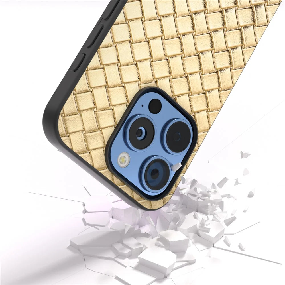For iPhone 16 Pro Case Woven Texture PU Leather Coated PC+TPU Mobile Phone Cover - Gold - 3