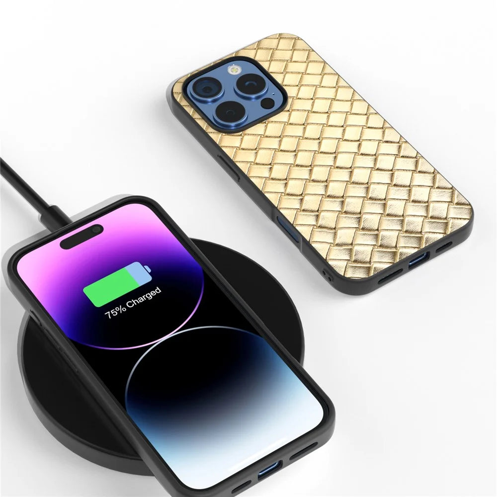 For iPhone 16 Pro Case Woven Texture PU Leather Coated PC+TPU Mobile Phone Cover - Gold - 4