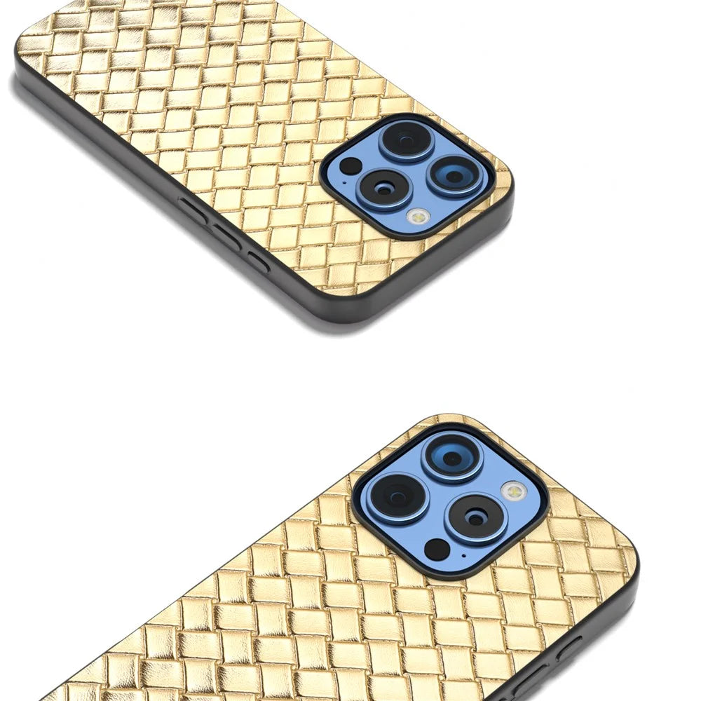 For iPhone 16 Pro Case Woven Texture PU Leather Coated PC+TPU Mobile Phone Cover - Gold - 5