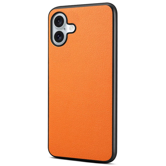 For iPhone 16 Plus Case Leather Coated PC+TPU Anti-Scratch Phone Cover - Orange - 1