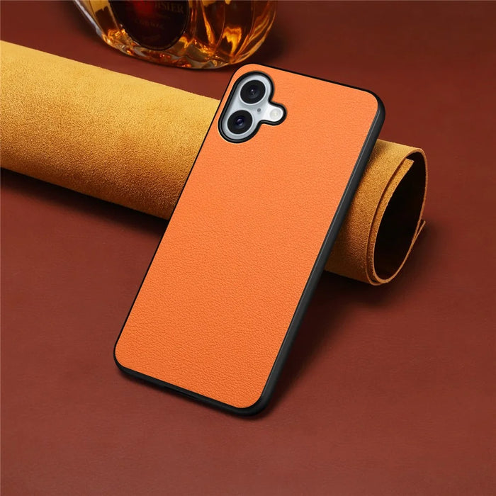 For iPhone 16 Plus Case Leather Coated PC+TPU Anti-Scratch Phone Cover - Orange - 4