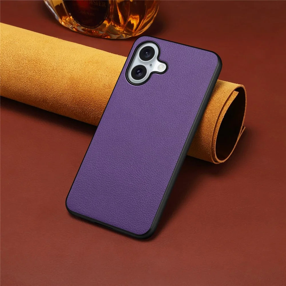 For iPhone 16 Case Leather Coated PC+TPU Anti-Scratch Phone Cover - Purple - 4