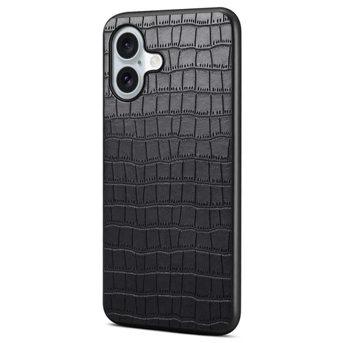 For iPhone 16 Case Crocodile Texture Leather Coated PC+TPU Phone Cover - Black - 1